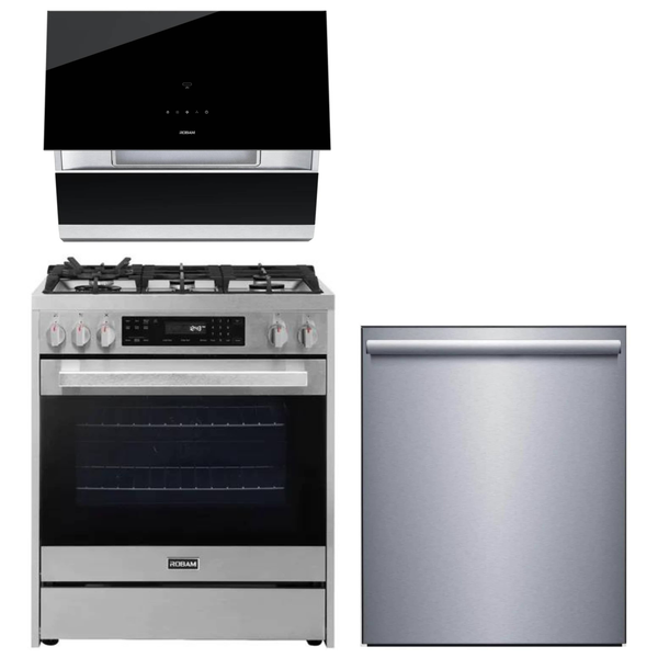 ROBAM 3-Piece Appliance Package - 30-Inch 5 Cu. Ft. Oven Freestanding Gas Range, Under Cabinet/Wall Mounted Range Hood and Dishwasher in Stainless Steel