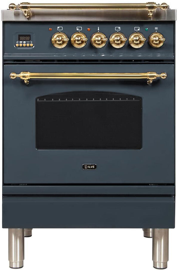 ILVE 24" Nostalgie - Dual Fuel Range with 4 Sealed Burners - 2.44 cu. ft. Oven - Brass Trim in Blue Grey (UPN60DMPGU)