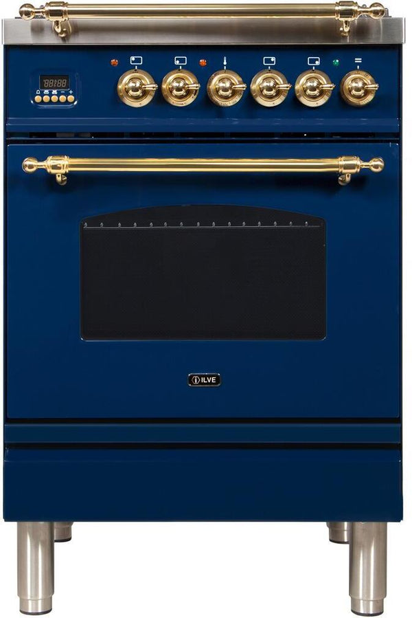 ILVE 24" Nostalgie - Dual Fuel Range with 4 Sealed Burners - 2.44 cu. ft. Oven - Brass Trim in Blue (UPN60DMPBL)