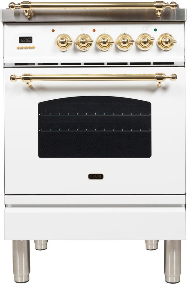ILVE 24" Nostalgie - Dual Fuel Range with 4 Sealed Burners - 2.44 cu. ft. Oven - Brass Trim in White (UPN60DMPB)