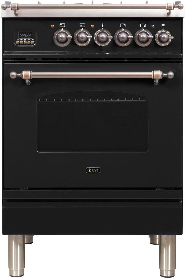 ILVE 24" Nostalgie - Dual Fuel Range with 4 Sealed Burners - 2.44 cu. ft. Oven - Bronze Trim in Glossy Black (UPN60DMPNY)