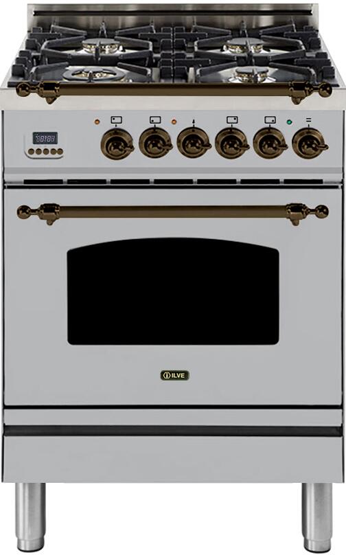 ILVE 24" Nostalgie - Dual Fuel Range with 4 Sealed Burners - 2.44 cu. ft. Oven - Bronze Trim in Stainless Steel (UPN60DMPIY)