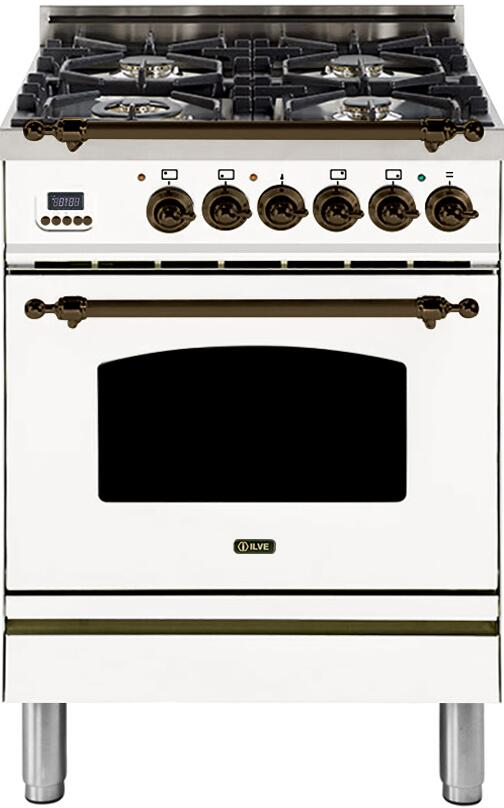 ILVE 24" Nostalgie - Dual Fuel Range with 4 Sealed Burners - 2.44 cu. ft. Oven - Bronze Trim in White (UPN60DMPBY)