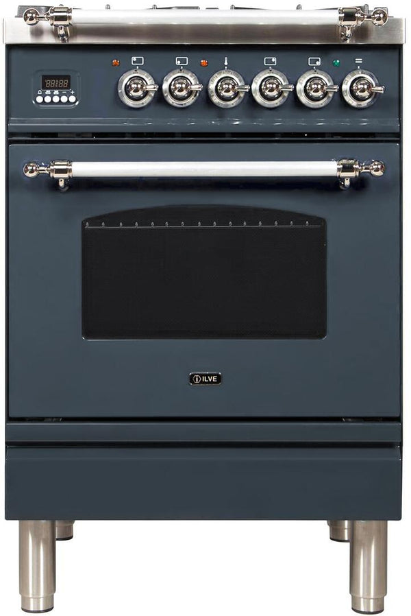 ILVE 24" Nostalgie - Dual Fuel Range with 4 Sealed Burners - 2.44 cu. ft. Oven - Chrome Trim in Blue Grey (UPN60DMPGUX)