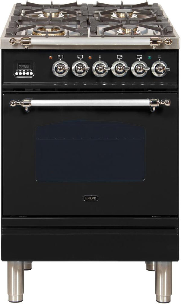 ILVE 24" Nostalgie - Dual Fuel Range with 4 Sealed Burners - 2.44 cu. ft. Oven - Chrome Trim in Glossy Black (UPN60DMPNX)