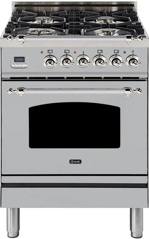 ILVE 24" Nostalgie - Dual Fuel Range with 4 Sealed Burners - 2.44 cu. ft. Oven - Chrome Trim in Stainless Steel (UPN60DMPIX)