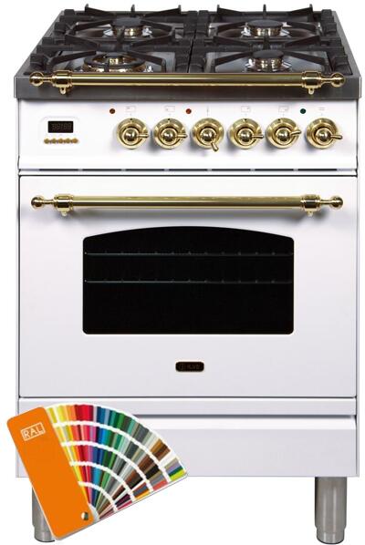 ILVE 24" Nostalgie Series Freestanding Single Oven Dual Fuel Range with 4 Sealed Burners in Custom RAL Color with Brass Trim (UPN60DMPRAL)