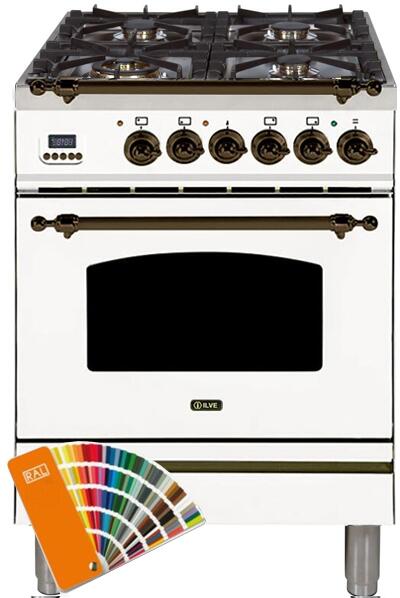 ILVE 24" Nostalgie Series Freestanding Single Oven Dual Fuel Range with 4 Sealed Burners in Custom RAL Color with Bronze Trim (UPN60DMPRALY)