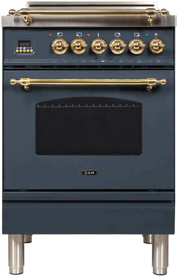ILVE 24" Nostalgie Series Freestanding Single Oven Gas Range with 4 Sealed Burners in Blue Grey with Brass Trim (UPN60DVGGGU)