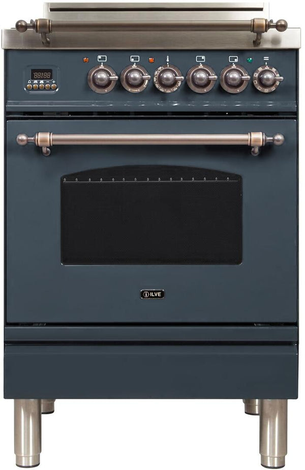 ILVE 24" Nostalgie Series Freestanding Single Oven Gas Range with 4 Sealed Burners in Blue Grey with Bronze Trim (UPN60DVGGGUY)