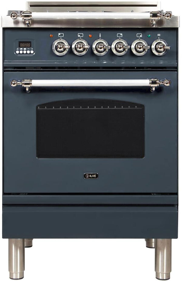 ILVE 24" Nostalgie Series Freestanding Single Oven Gas Range with 4 Sealed Burners in Blue Grey with Chrome Trim (UPN60DVGGGUX)