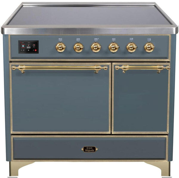 ILVE 40" Majestic II Series Freestanding Electric Double Oven Range with 6 Elements in Blue Grey with Brass Trim (UMDI10QNS3BGG)