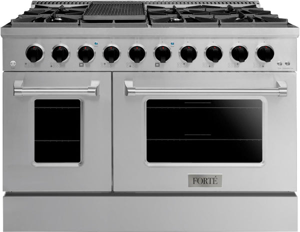 Forte 48" Freestanding All Gas Range - 8 Sealed Italian Made Burners, 5.53 cu. ft. Oven & Griddle - in Stainless Steel with Black Knob (FGR488BSS21)