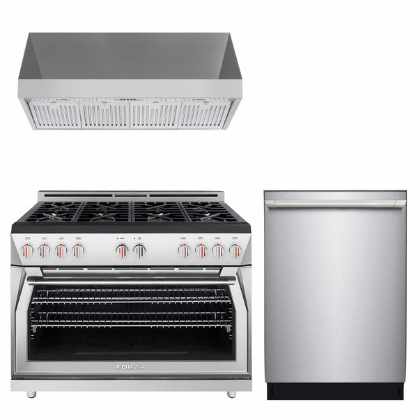 Forza 3-Piece Appliance Package - 48-Inch Gas Range, 24-Inch Tall Premium Range Hood, & 24-Inch Dishwasher in Stainless Steel