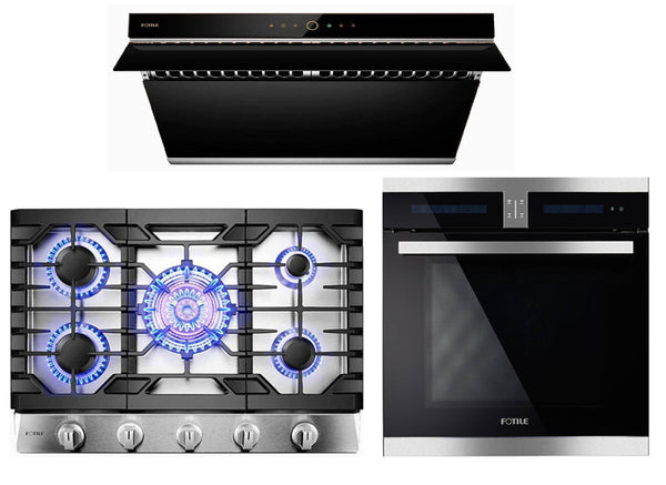 Fotile 3-Piece Appliance Package - 30" Natural Gas Cooktop in Stainless Steel, 30" 1000 CFM Under Cabinet Range Hood, & Built-in Wall Oven