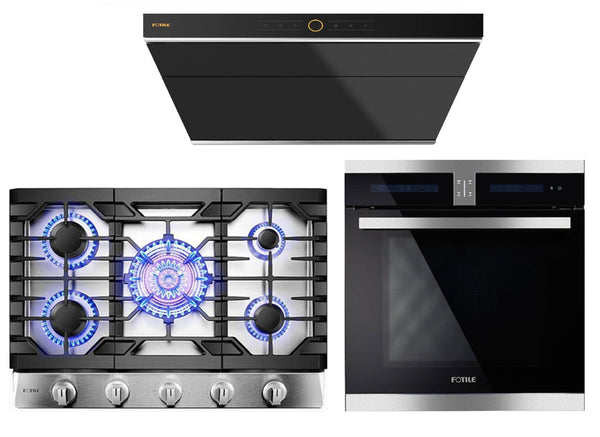 Fotile 3-Piece Appliance Package - 30" Natural Gas Cooktop in Stainless Steel, 30" 850 CFM Under Cabinet Range Hood, & Built-in Wall Oven