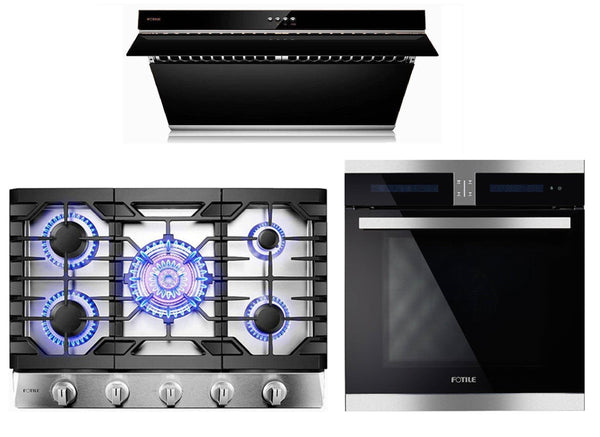Fotile 3-Piece Appliance Package - 30" Natural Gas Cooktop in Stainless Steel, 30" 850 CFM Under Cabinet Range Hood in Onyx Black Tempered Glass & Built-in Wall Oven