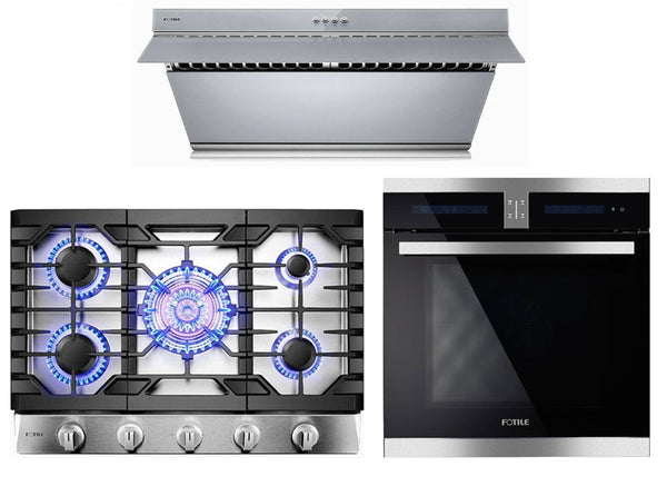 Fotile 3-Piece Appliance Package - 30" Natural Gas Cooktop in Stainless Steel, 30" 850 CFM Under Cabinet Range Hood in Silver Grey Tempered Glass, & Built-in Wall Oven