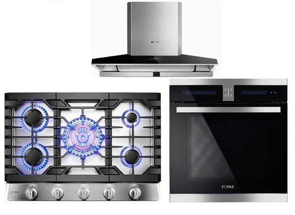 Fotile 3-Piece Appliance Package - 30" Natural Gas Cooktop in Stainless Steel, 36" 1100 CFM Wall Mount Range Hood in Stainless Steel, & Built-in Wall Oven