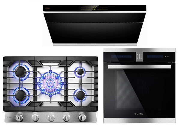 Fotile 3-Piece Appliance Package - 30" Natural Gas Cooktop in Stainless Steel , 36" 850 CFM Under Cabinet Range Hood in Onyx Black Tempered Glass & Built-in Wall Oven