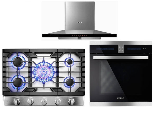 Fotile 3-Piece Appliance Package - 30" Natural Gas Cooktop in Stainless Steel, 36" 900 CFM Wall Mount Range Hood in Stainless Steel & Built-in Wall Oven