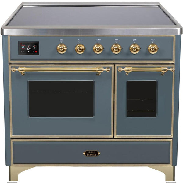 ILVE 40" Majestic II induction Range with 6 Elements - Dual Oven - TFT Control Display - Triple Glass Cool Oven Door - in Blue Grey with Brass Trim (UMDI10NS3BGG)