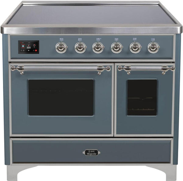 ILVE 40" Majestic II induction Range with 6 Elements - Dual Oven - TFT Control Display - Triple Glass Cool Oven Door - in Blue Grey with Chrome Trim (UMDI10NS3BGC)