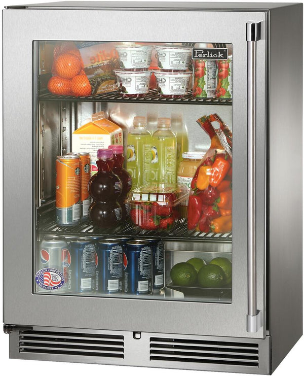 Perlick Signature Series 24" Outdoor Built-In Counter Depth Compact Refrigerator with 3.1 cu. ft. Capacity in Stainless Steel with Glass Door (HH24RO-4-3L & HH24RO-4-3R)